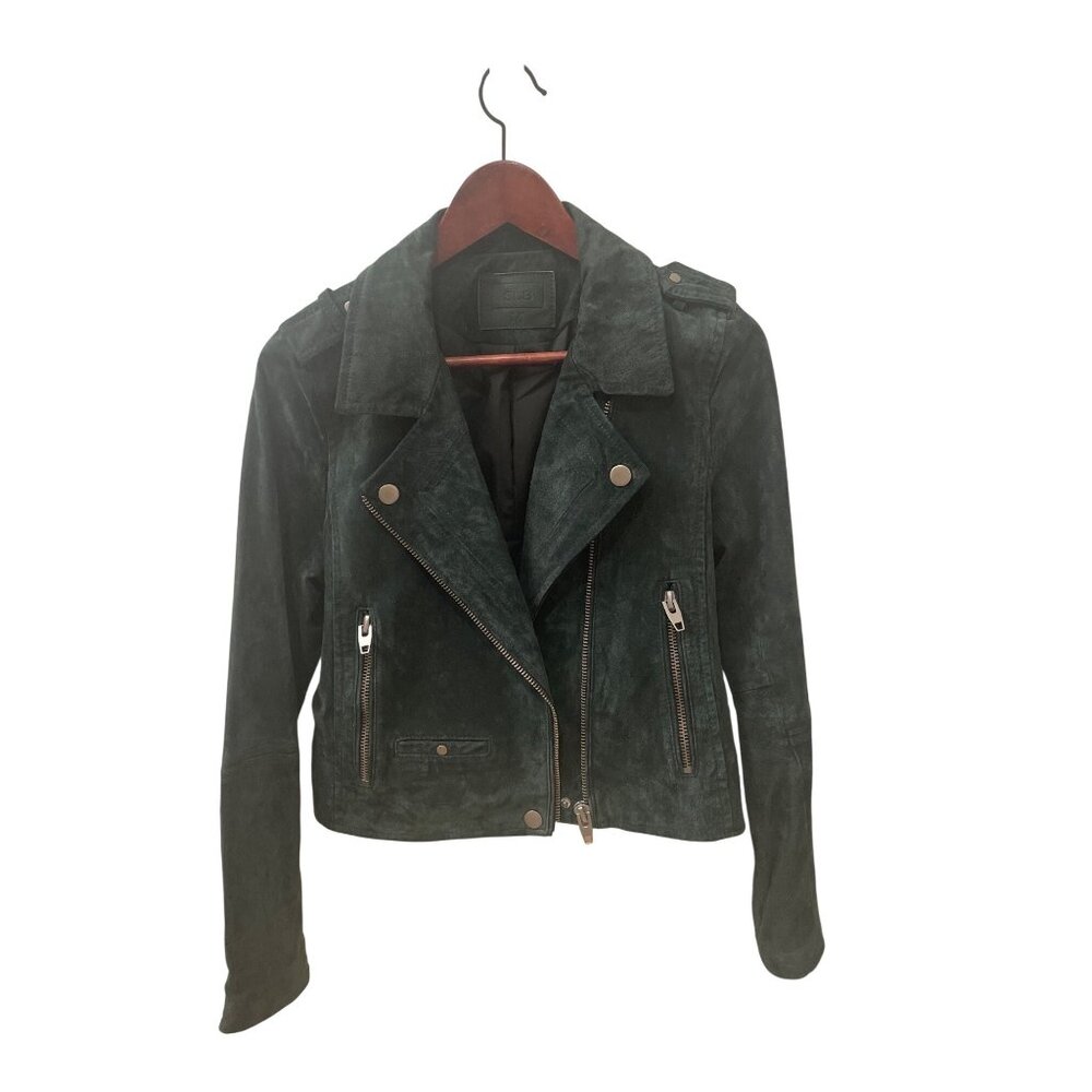 SL8‎ Womens Suede Leather Moto Cropped Fitted Jacket Green Size M